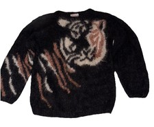 Hand Knit By Amy Grove Graphic Tiger W/Rhinestone Black Fuzzy LS Sweater Size L