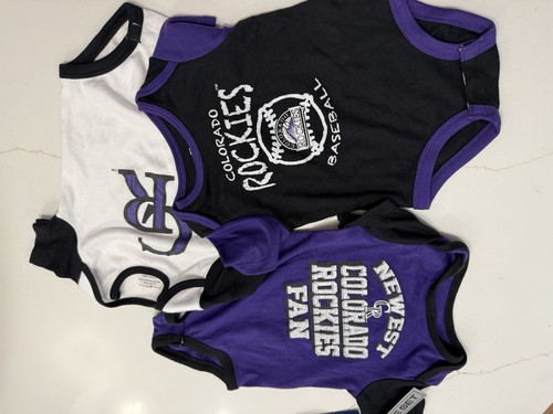 Colorado Rockies Block Letters 3pc Set Infant Baby Bodysuit 6/9 M Purple/bl/wh