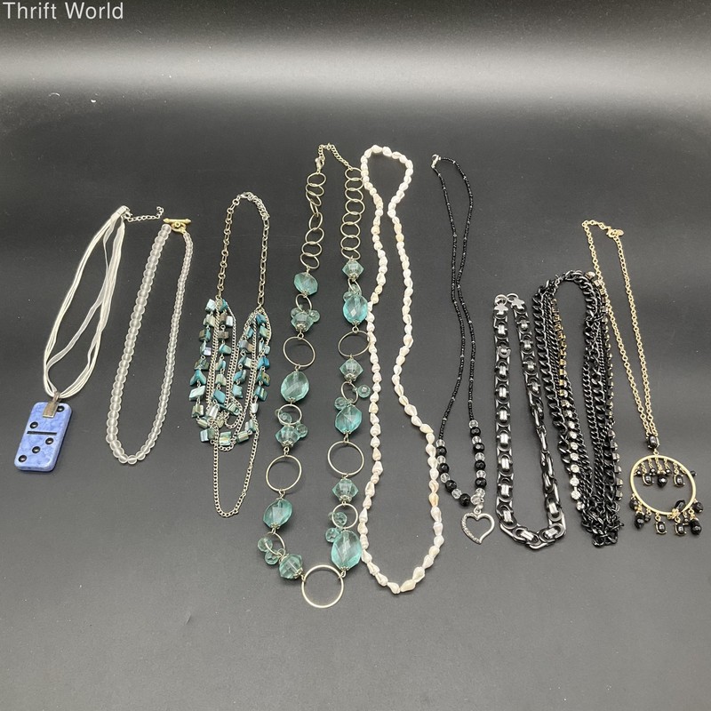 Fashion Jewelry Lot 9 Necklaces Vintage Modern Boho Shell Glass Domino Pendant
