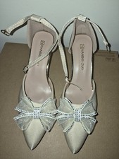 Beige or White Bow Rhinestone Ankle Strap Buckle Pointed Toe Stiletto High Heels