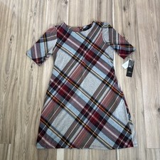 B&K Grey Brown Plaid Short Sleeve Shift Dress Size S 10239J
