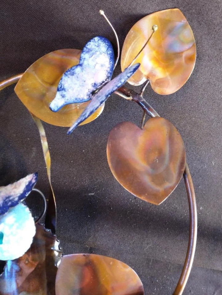 Antigua placa de pared MCM esmaltada vintage sobre metal cobre escultura arte búho esmaltado Foto 4 de 4