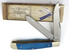 Frost Cutlery Trapper Knife Smooth Blue BONE Handles 2 Blade + Box 397-S