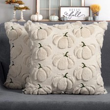 Fall Pumpkins Decorative Pillow Covers 18"x18" Set of 2, Beige Soft Plush Faux F