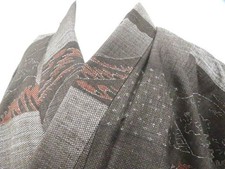 JAPANESE KIMONO TSUMUGI DARK BROWN 167 cm 5 ft 6 in PURE SILK ZZ1745
