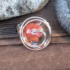 Handcrafted Edgy Clear Orange Red Spiral Silver Spiral Luster Glass Bauble Ring