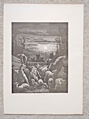 Die Wölfe und das Schaf, Gustave Dore - antiker Druck - 1868