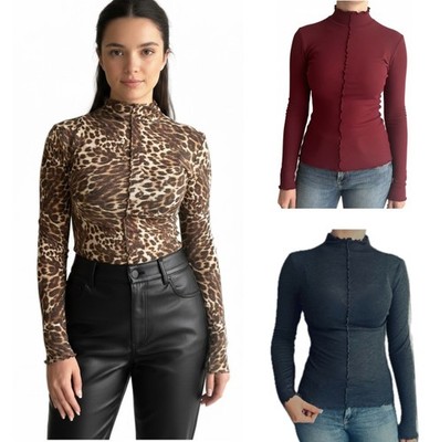 Damen Marks High Neck Top Trichter Rot Grau Leopard Langarm Wollmischung