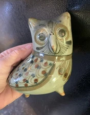 Vtg Signed Tonala Owl Mexican Hand Painted Clay Owl Footed Bird Figurine 4.5x4.5