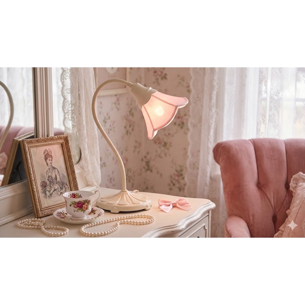 Vintage 80s Cream Gooseneck Lamp w/Pink Tulip Petal Shade