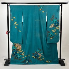 Japanese Vintage Kimono Furisode Silk Green Elegant Length 64.1in Minor Stain 
