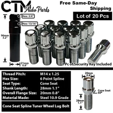 20x BMW Mini Chrome 14x1.25 Spline Tuner Lug Bolts 28mm Shank Fit F-Body G-Body