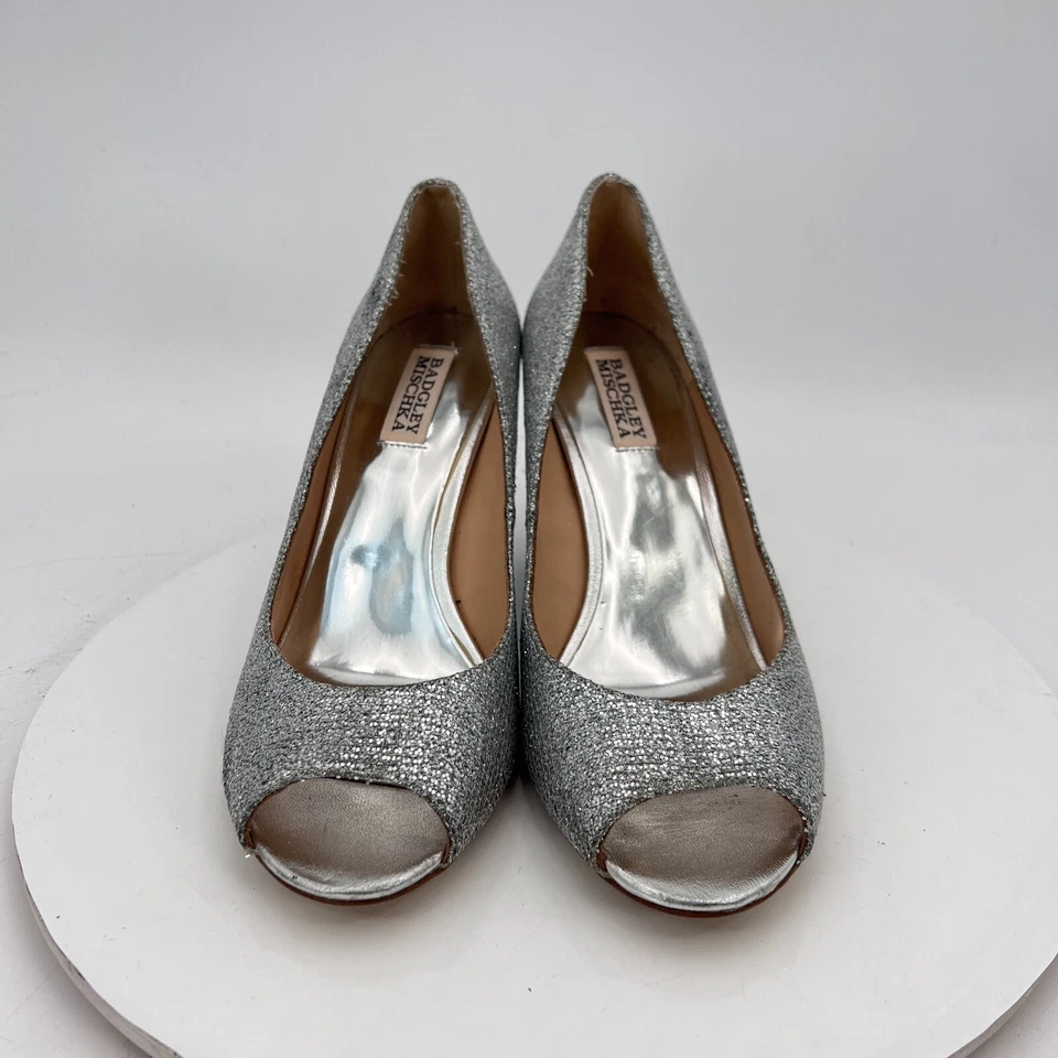 Badgley Mischka Women Size 9 Metallic Silver Glitter Open Toe Wedges Shoes - Image 2 of 4