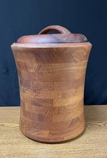 Vtg  Danish styling MCM Wood Cutting Block Board Staved lined Ice Bucket w/ Lid