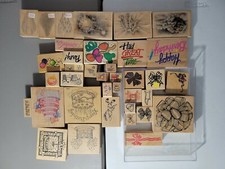 Lot Of 38 Wood Mounted Rubber Stamps Happy Birthday, Ribbons, and Backgrounds