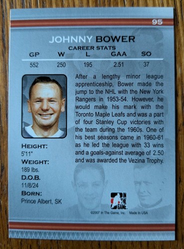 JOHNNY BOWER, 2007 GREATS OF THE GAME, BETWEEN THE PIPES #95 - Picture 2 of 2