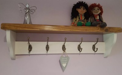 Garderobe mit Ablage Handarbeit 5 Doppelhaken Joa's weiß & dunkle Eiche