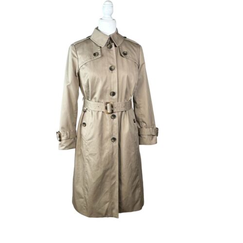 Abrigo de gabardina London Fog para mujer talla 8P beige totalmente forrado azul y blanco a cuadros - Imagen 3 de 19
