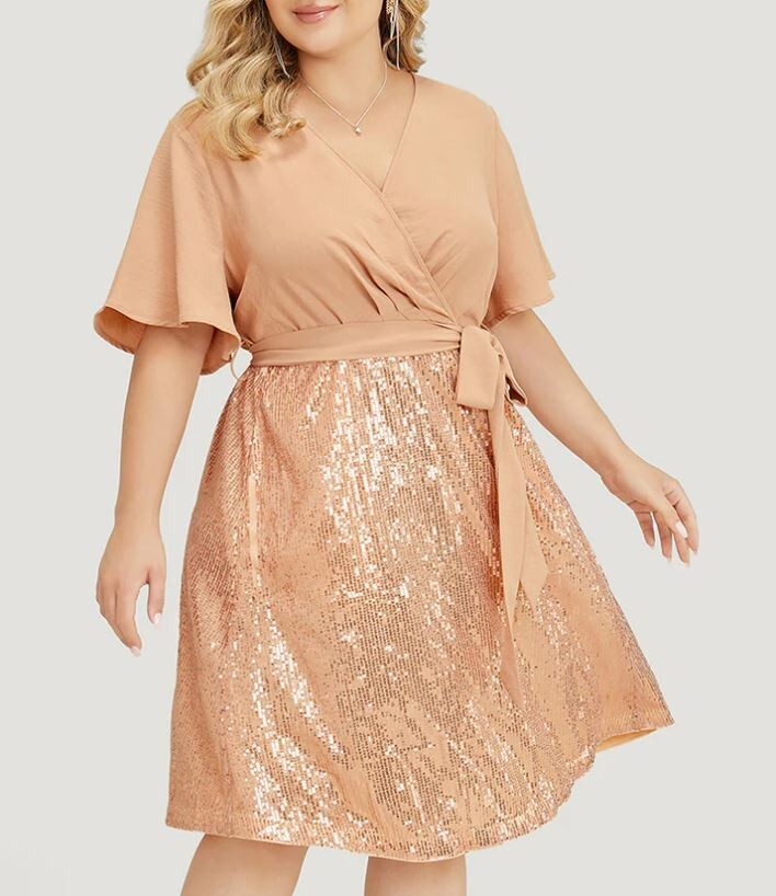 plus surplice neck glitter belted maxi dress SHEIN Clasi Plus Surplice Neck Flounce Sleeve Ruffle Hem Belted Glitter Dress