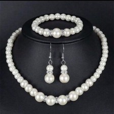 UK Women Ladies Fashion Jewelry Crystal Pearl Necklace Earrings Bracelet Set