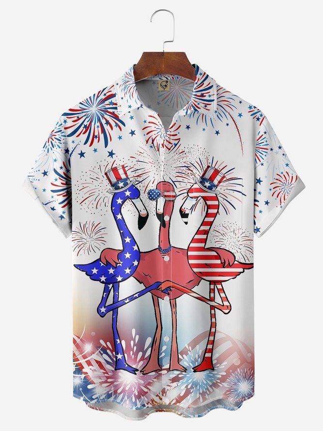 Independence Day Flag Flamingo Chest Pocket Short Sleeve Shirt Hawaiian Shirt