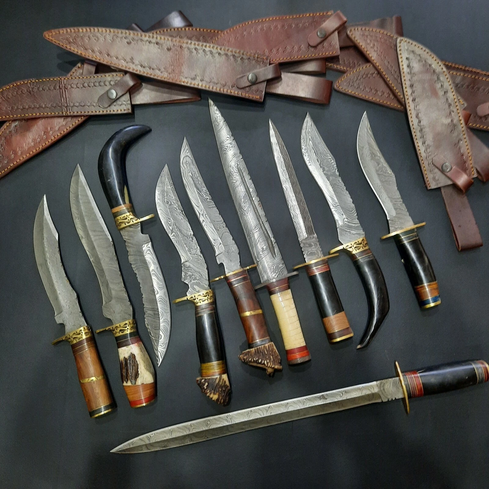 LOT OF 10 CUSTOM HANDMADE DAMASCUS HUNTING BOWIE KNIVES WITH LEATHER SHEATH