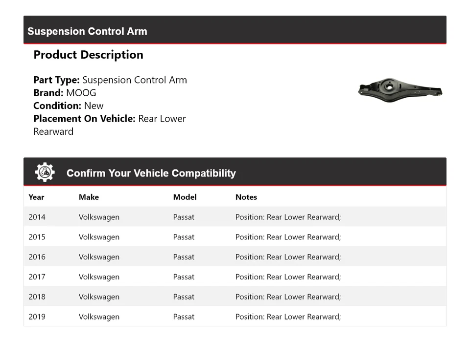 Para 2014-2019 Volkswagen Passat braço de controle de suspensão traseiro inferior traseiro MOOG - Imagem 2 de 4