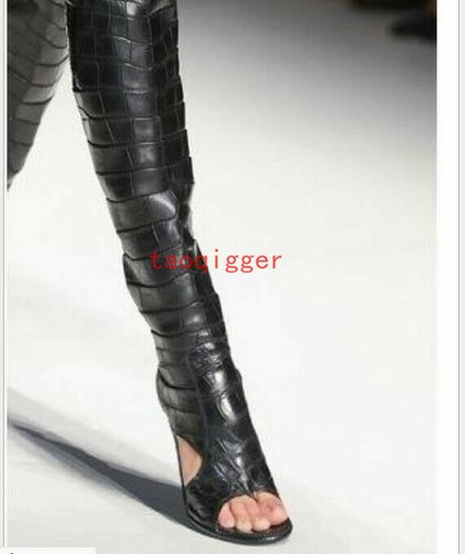 Women Gladiator Shoes Leather Open Toe High Heels Knee High Roma Sandals Boots - Picture 4 of 7