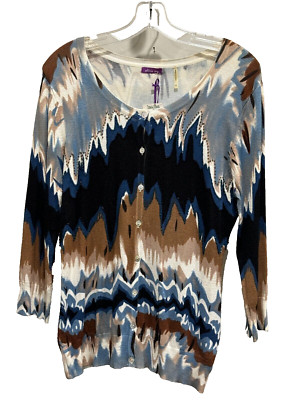 NWT Olivia m. Blues & Brown print (w/ beaded detailing) 3/4 sleeve cardigan Sz M