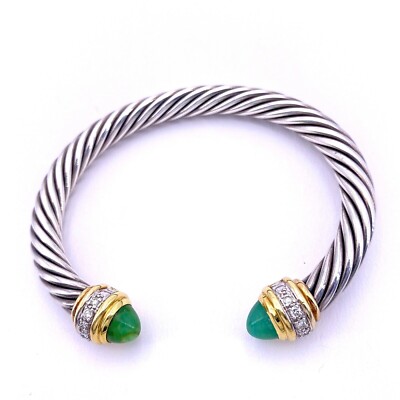David Yurman 7mm 18k Gold Sterling Silver, Green Cabochon Diamond Cuff  Brace