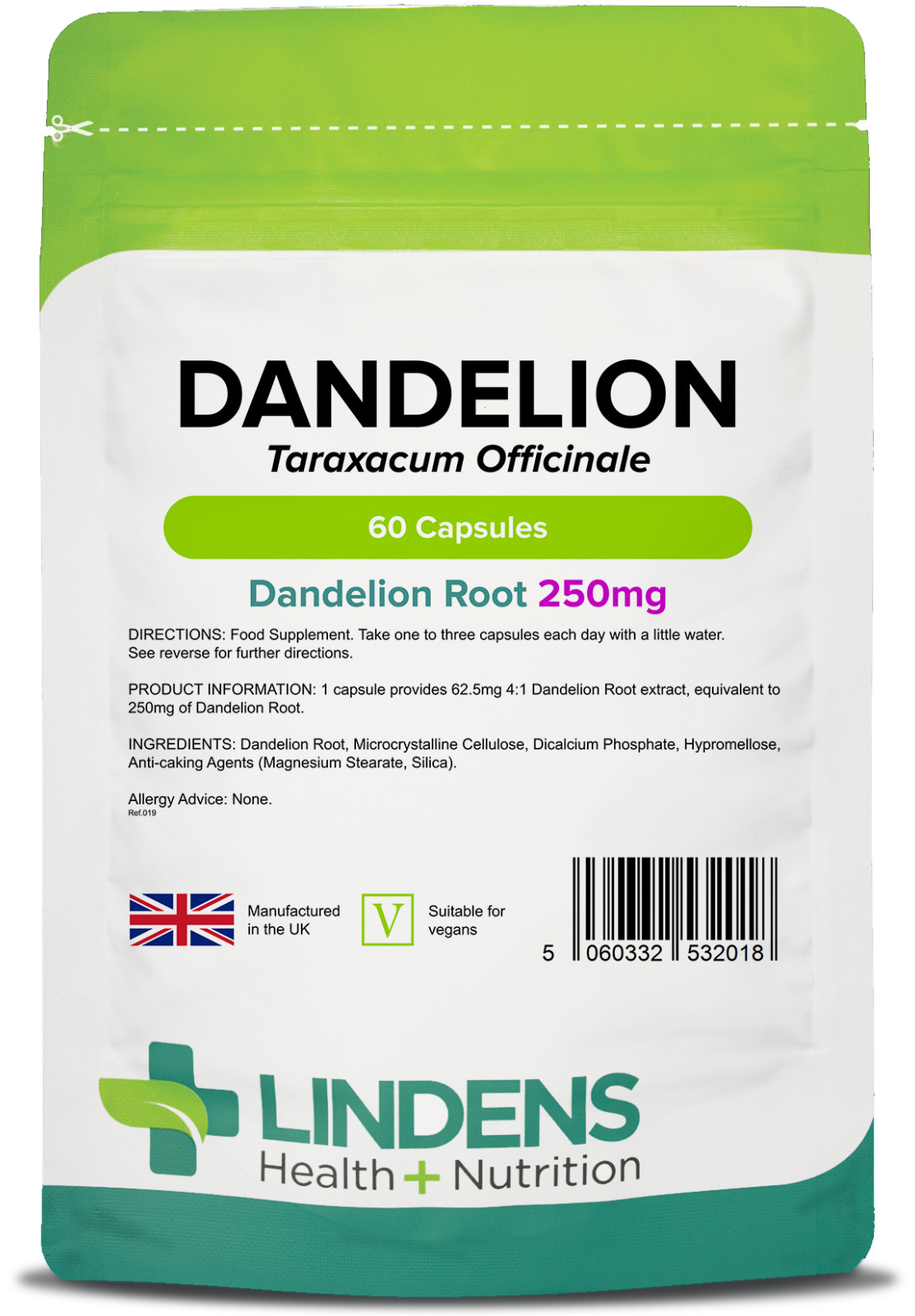 Dandelion 250mg 60 Capsules - Detox & Cleanse, Lindens UK Made