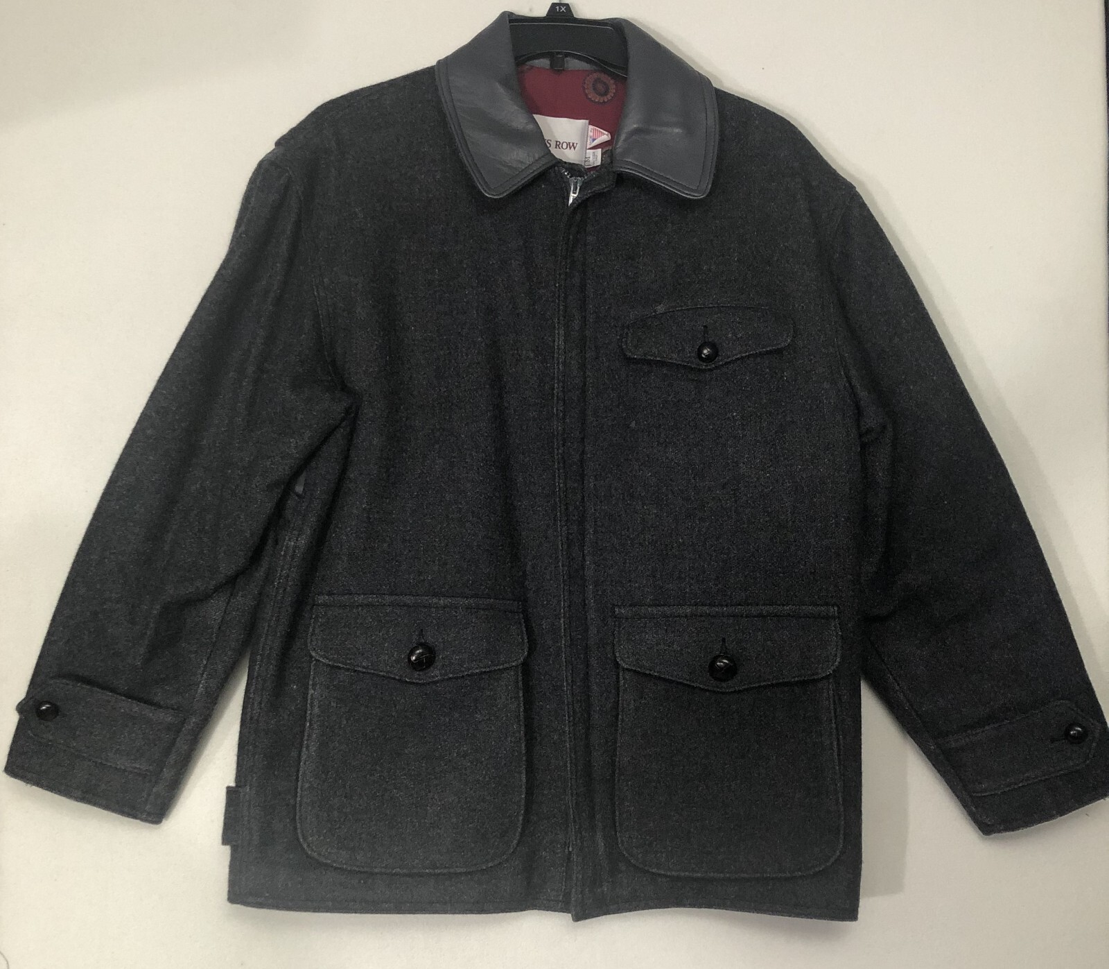 FILA Giacca uomo vintage Adams Row Med grigia lana colletto pelle zip intera foderata USA