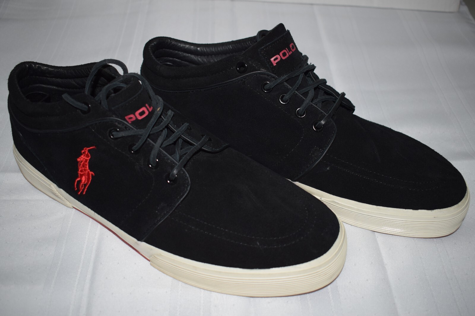 Scarpe Polo Ralph Lauren Faxon Mid II nere e rosse con logo pony scamosciate taglia 13D ~ HS5