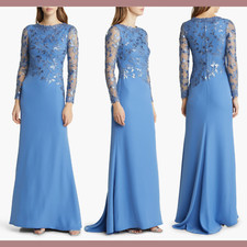 NWD 468 Tadashi Shoji  14  Sequin Lace Long Sleeve Crepe Gown Cadet Blue G1365