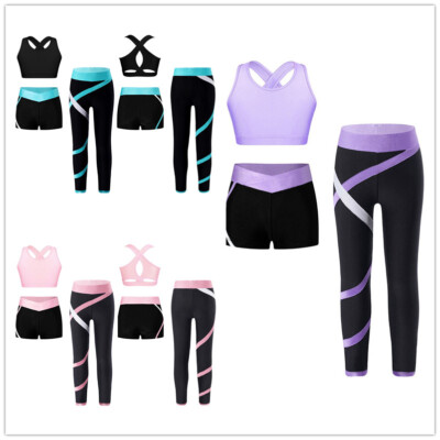 Kids Girls Sportswear Contrast Color Sets 3 Pieces Stage Tracksuits Yoga Gym
