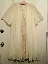 VTG Van Raalte Peignoir 2-Pc Set Robe  Gown Chiffon Lace Ivory Nylon USA Sz M-L