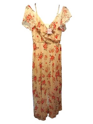 Premier Amour Ivory Pink Green Floral Chiffon Ruffle V-Neck Maxi Dress 8
