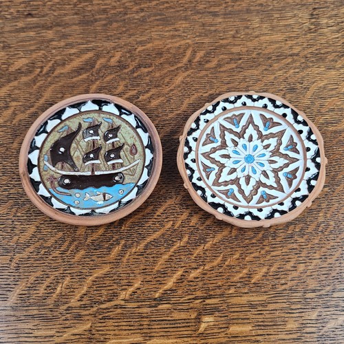 Vintage Greek Handmade Pottery Wall Plates Set of 2 Ship Geometric 5” Greece