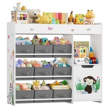 Toy Storage Unit, 3-Tier Kids Bookshelf, Toy Organiser with 9 Fabric Bins，White