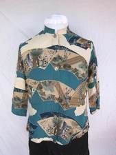 Citron Santa Monica teal+tan top topper shirt Geisha+floral scenes 42”B Vintage