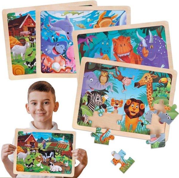 Holzpuzzle 4X24 Teile Tiere Dinosaurier Ab 3 Jahren Spielzeug Kinder-image