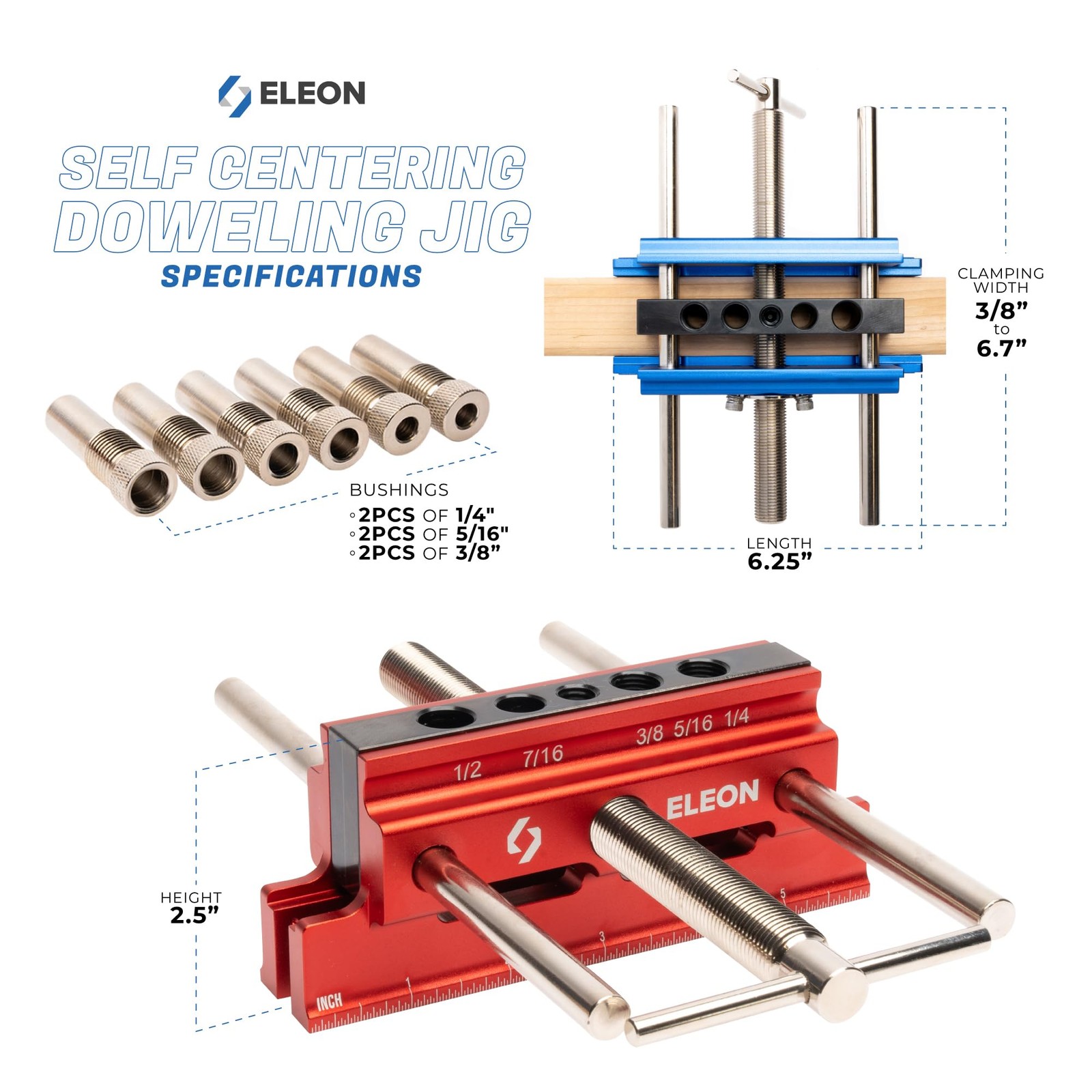 Eleon Self Centering Dowel Jig, Woodworking Clamp, Aluminum Drill Guide, Blue