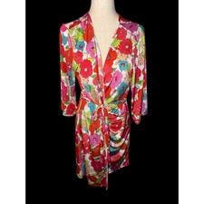 Josie Natori Robe Womens Medium Multi Color Floral Wrap Short Romantic