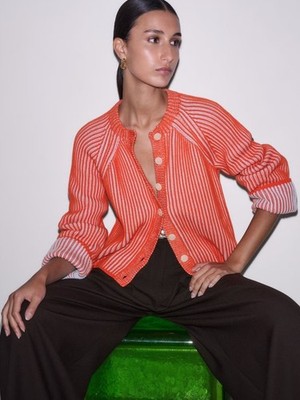 ME+EM Contrast Rib Cardigan Vivid Orange/Chambray Blue, Size M, New Price $240