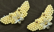 Vintage Hand Woven Faux Pearl Flower Hair Barrettes Lucite Clips -