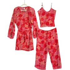 Josie Natori Pajama Set 3pc Robe Cami Crop Pants Floral Bridal Small A92624