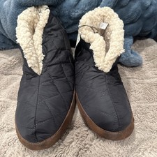 Dearfoams Quilted booties, black Faux Shearling,original warm up, sz 11-12
