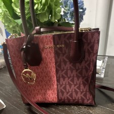 Michael Kors Small Mercer Satchel Top Handle Logo Burgundy Zip Detachable Strap