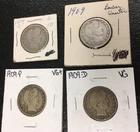 Four 1909 Barber Quarters 25c Denver and Philadelphia Mints $1 Total 90% Silver