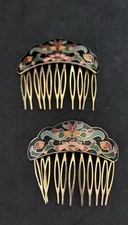 matching pair of vintage cloisonn  enamel hair combs motif set